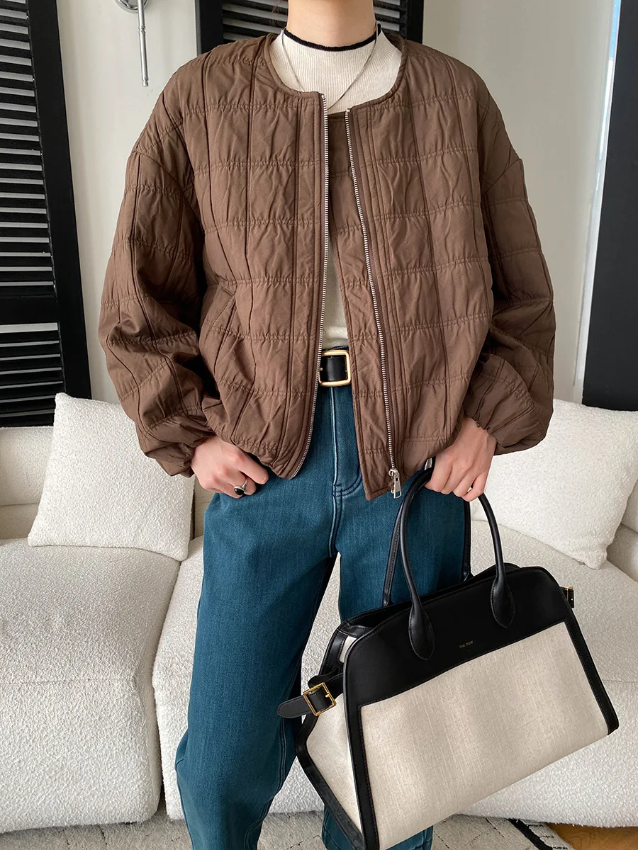 

Женская повседневная однотонная легкая теплая хлопковая куртка в клетку с круглым вырезом и круглым вырезом