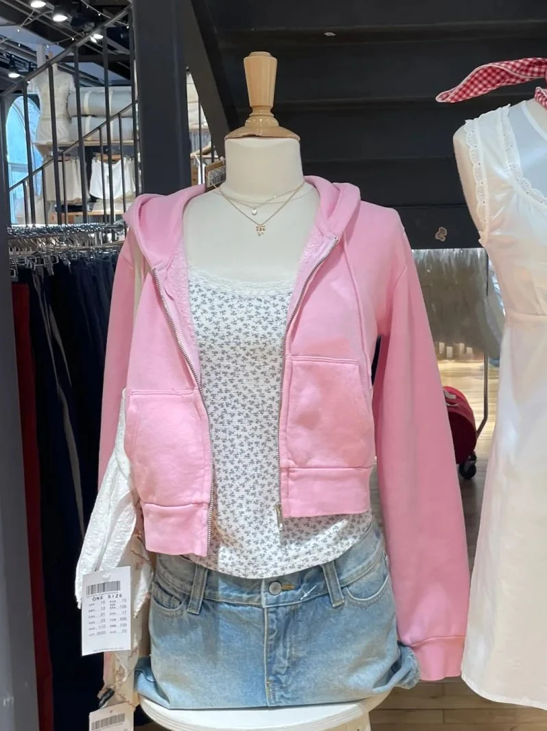 

Милая розовая толстовка на молнии, женская осенняя хлопковая толстовка на молнии с капюшоном и длинными рукавами, милые облегающие укороченные топы в стиле преппи, новинка