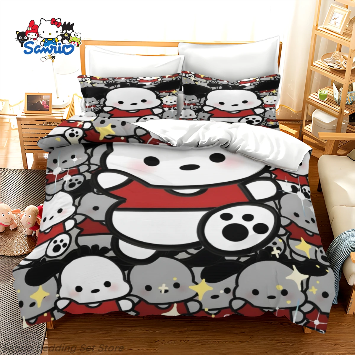 

Cute Sanrio Pochacco Duvet Cover with 2 Pillowcases Japanese Anime Bedding Set Kids Gift Quilt Cover No Flat Bed Sheet