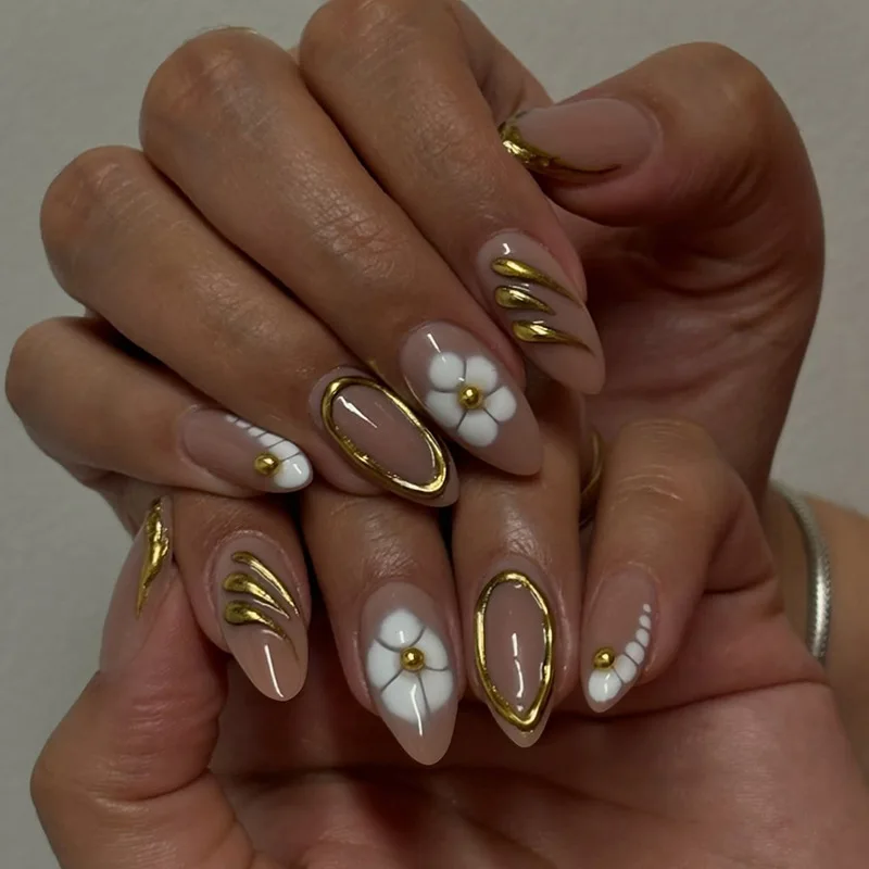 

24Pcs Mid-length Nude Almond Press on False Nails with Flower Design Full Cover Nail Tip for Women Wearable Detahcble Fake Nails