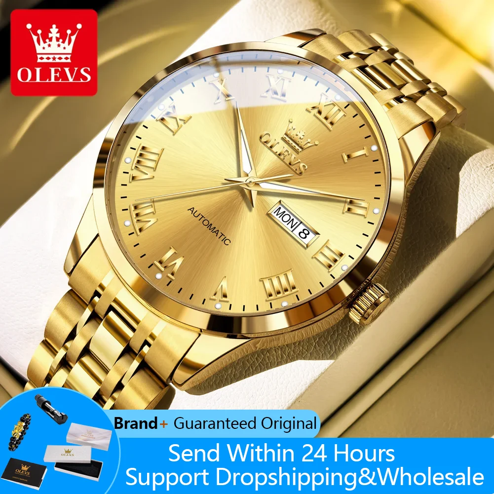 

OLEVS 7060, роскошные автоматические мужские часы с двойным календарем, деловые механические наручные часы для мужчин, светящиеся водонепроницаемые мужские часы
