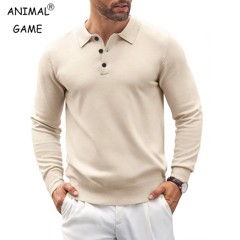 Outdoor Herren Strick-Poloshirt mit langen Ärmeln, lässig, klassisch, Poloshirts, Button-Down-Pullover, Thermo-Pullover, leichter Pullover