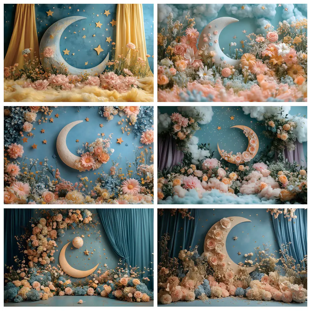 

Dreamy Moon Stars Clouds Wonderland Flowers Backdrop Princess Birthday Party Kids Portrait Baby Shower Photography Background