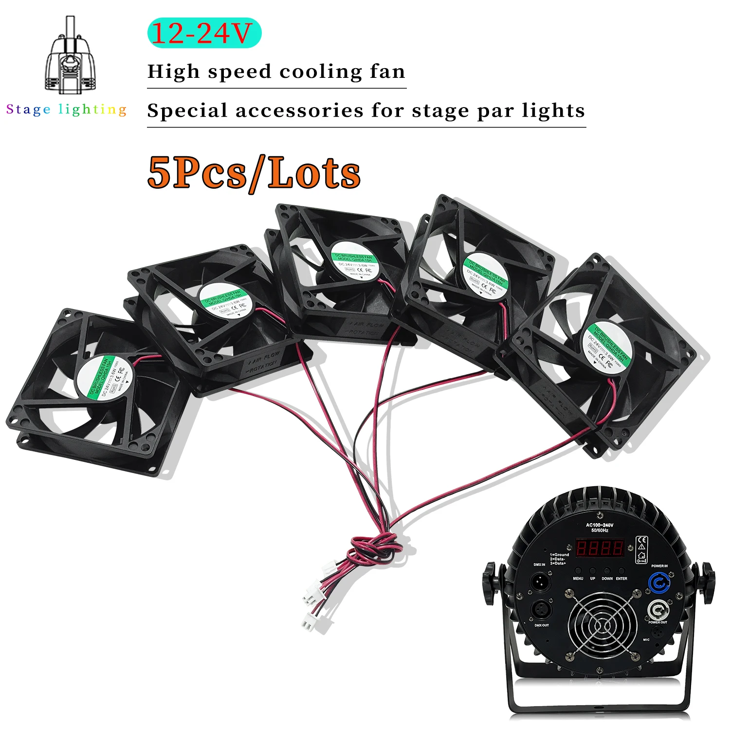 5Pcs/Lots Stage Lighting System Cooling Fan 8x8cm 12-24V For 18x18W 24x18W Cast Aluminum Par Light