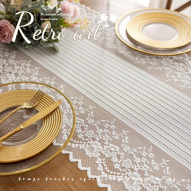 Vintage Hollow Floral Lace Table Runner, Elegant Sheer Striped Table Scarf for Dining Table, TV Cabinet, Wedding & Home Decor