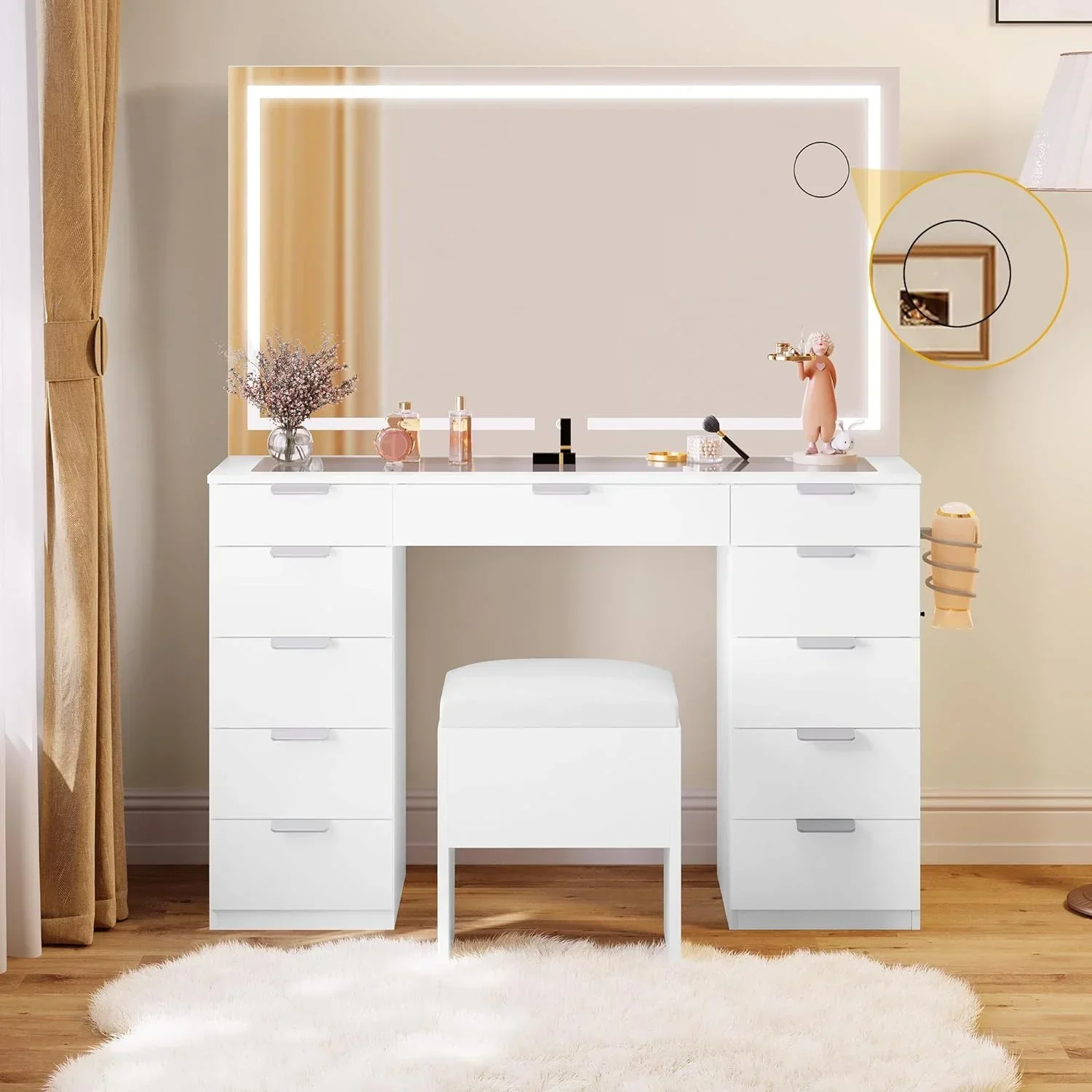 /Vanity Desk Set with Large LED Lighted Mirror Power Outlet Glass Top Vanity with 11 Drawers and Magnifying Glass