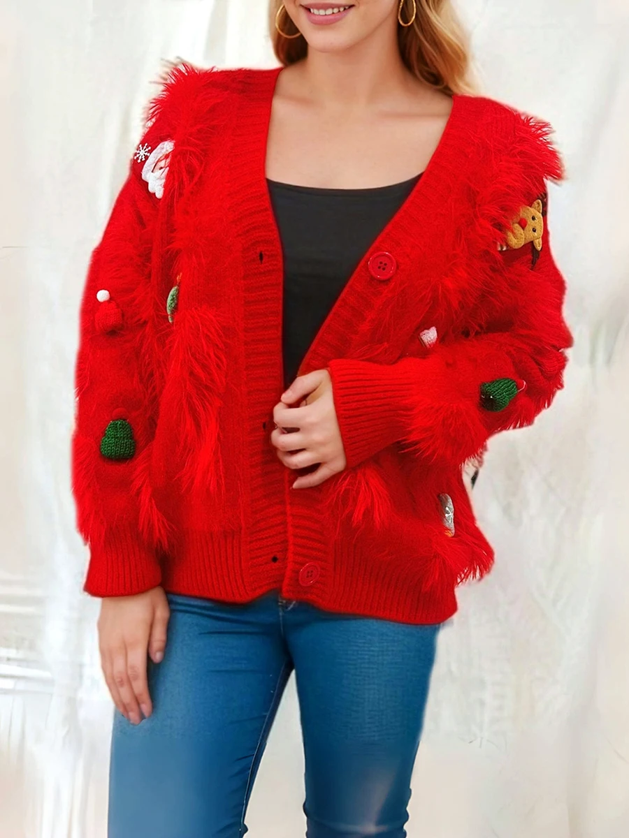 Women Christmas Cardigan Sweaters Cute Fuzzy Long Sleeve V Neck Button Down Knitwear Coat Female Casual Classic Winter Outerwear