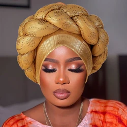 Turban Tressé avec Diamants Brillants pour Femme, Chapeau Musulman Prêt à vitation, Cravate de Sauna Africain, Couvre-Chef Féminin