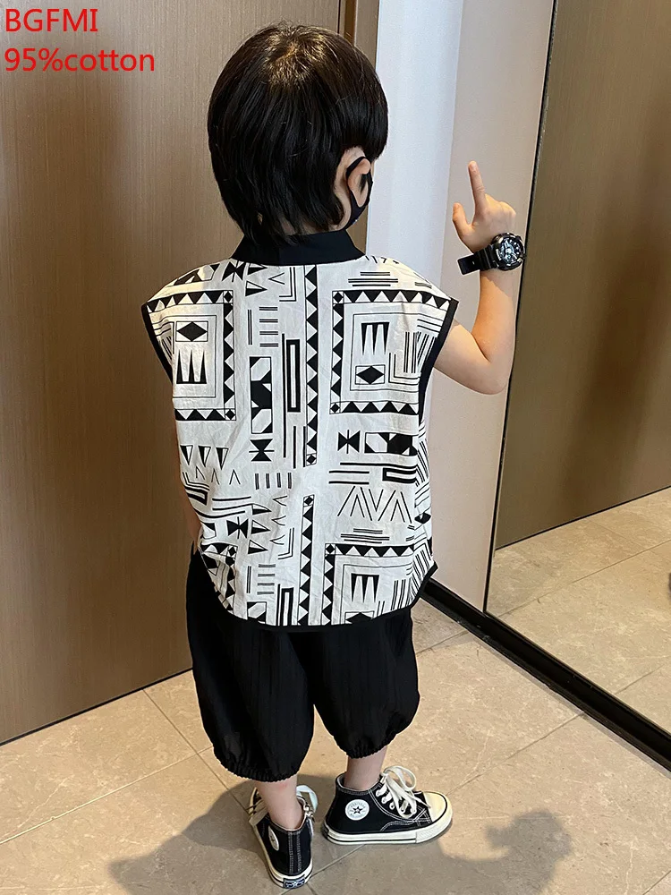 80-120cm Boys Summer Set 2023 New Baby Thin Tank Top Handsome Printed Cotton Casual Sports Two Piece Set Cool Children\'s Outfits