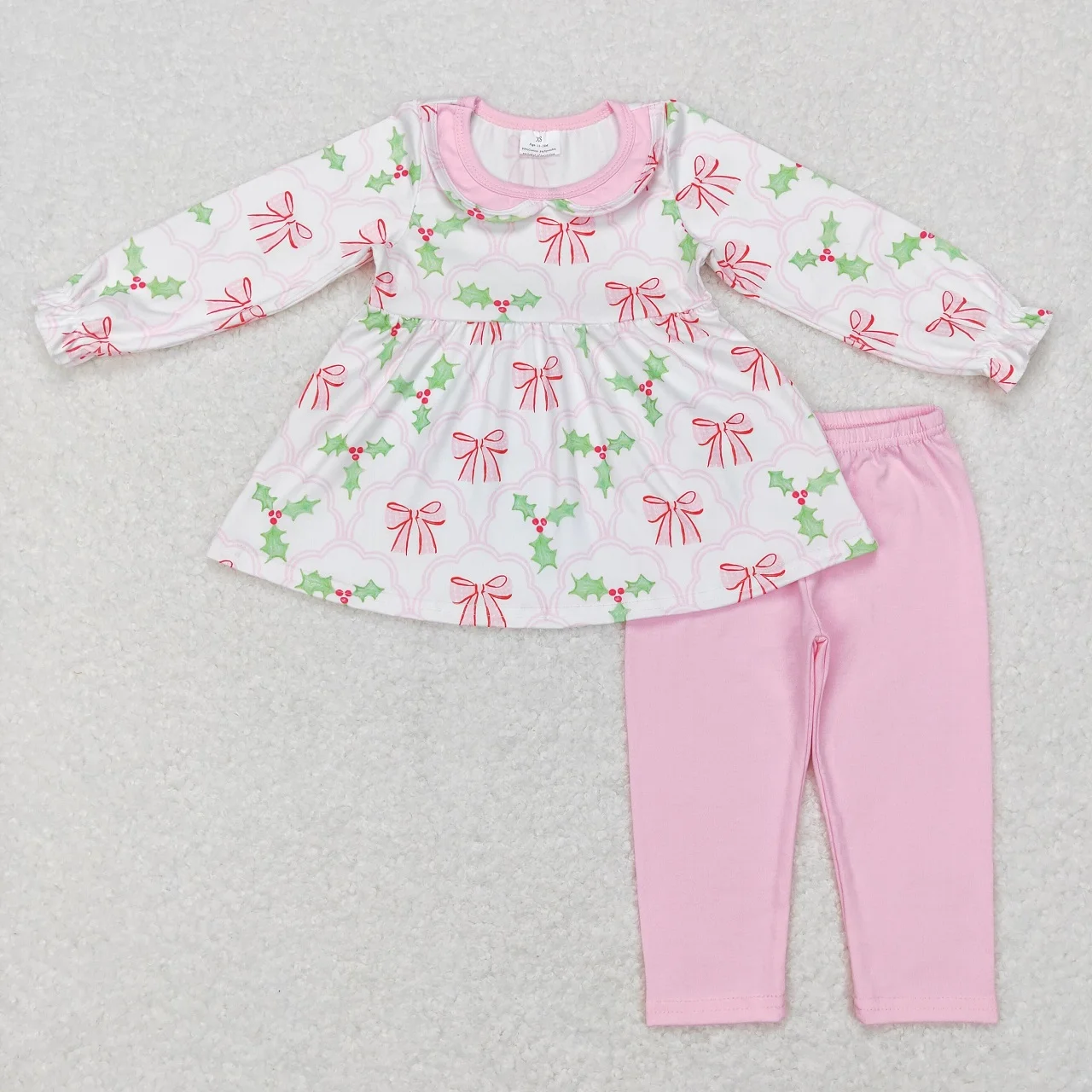 

Wholesale Toddler Kids Christmas Bow Set Long Sleeves Tunic Children Outfit Baby Girl Pink Cotton Pants Clothing