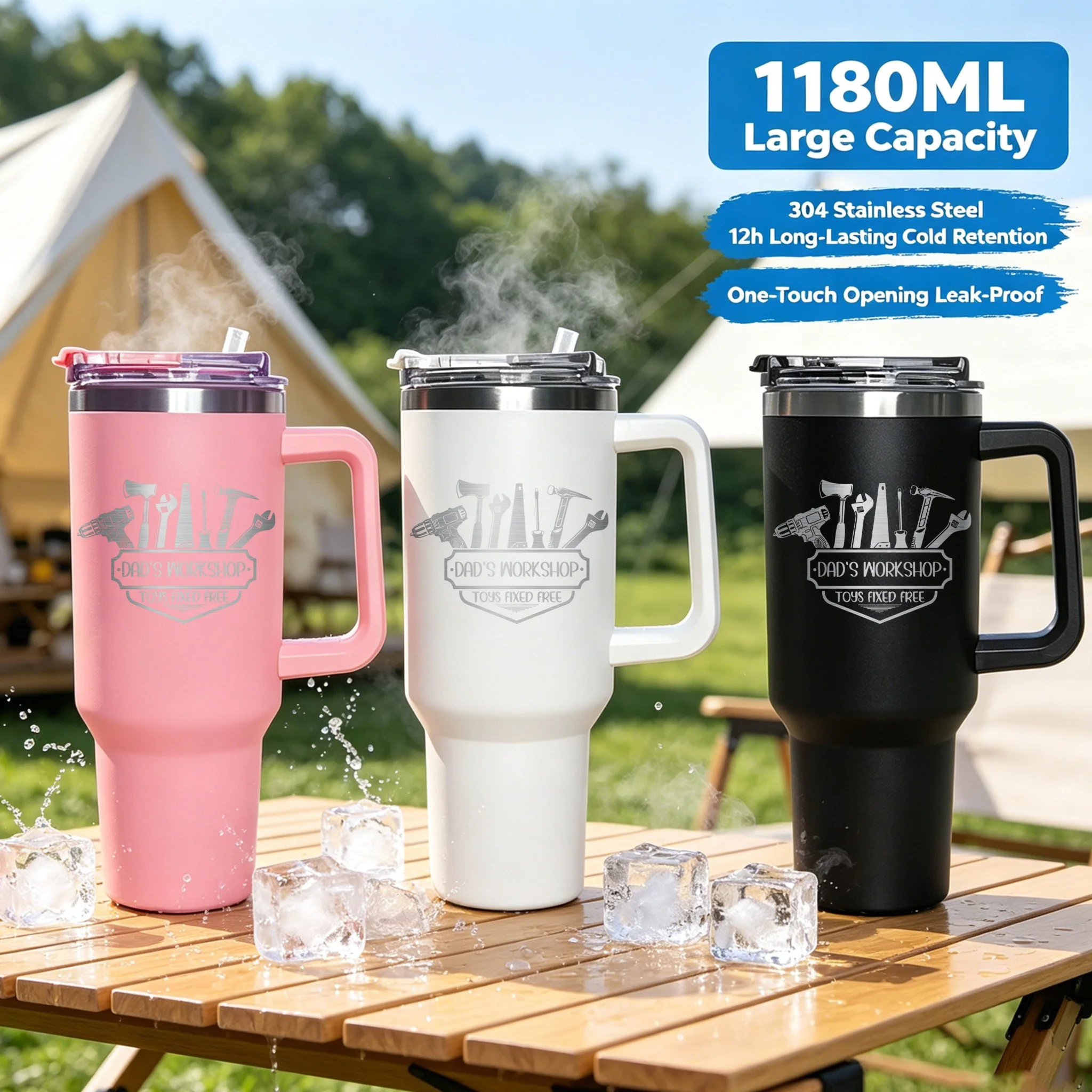 Termo de acero inoxidable de 1200 ml con asa, taza térmica para coche, botella de agua portátil para viajes, taza de café para deportes, Día del Padre para papá, abuelo, esposo, tío, papá primerizo
