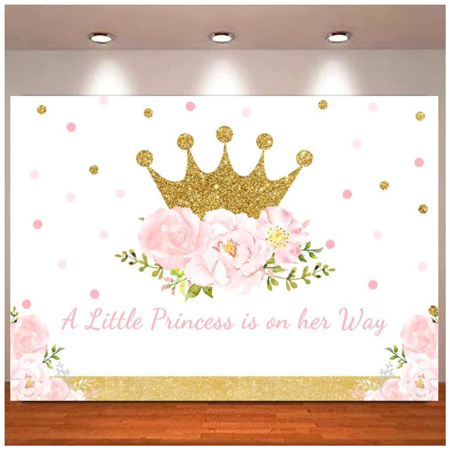 

Pink Flowers Baby Shower Photography Backdrop Floral Background For Girl First Birthday Party Banner Gold Crown Cake Table