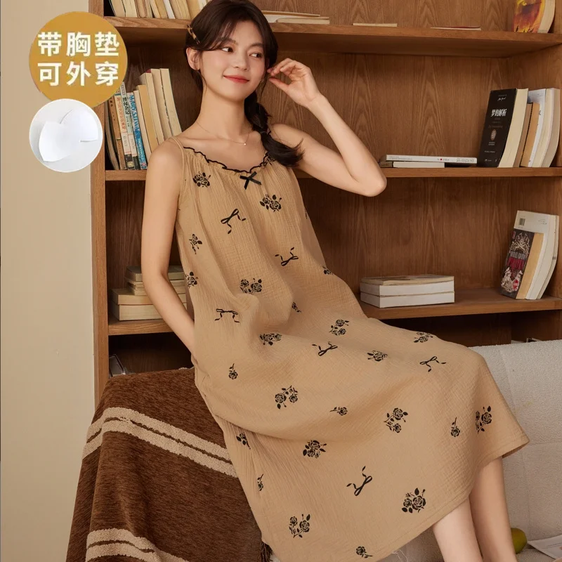 

2025 Cotton Spaghetti Strap Nightdress with Bra Pad for Women Summer Casual Loungewear Young Girl Female Nightgown Mujer Pijamas