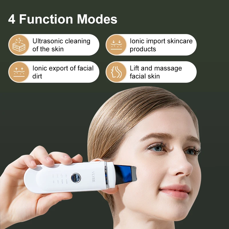 VLVEE 4 IN 1 ultrasonic skin scrubber facial Cleansing spatula blackhead removal Device deep cleansing pore acne with USB Charge