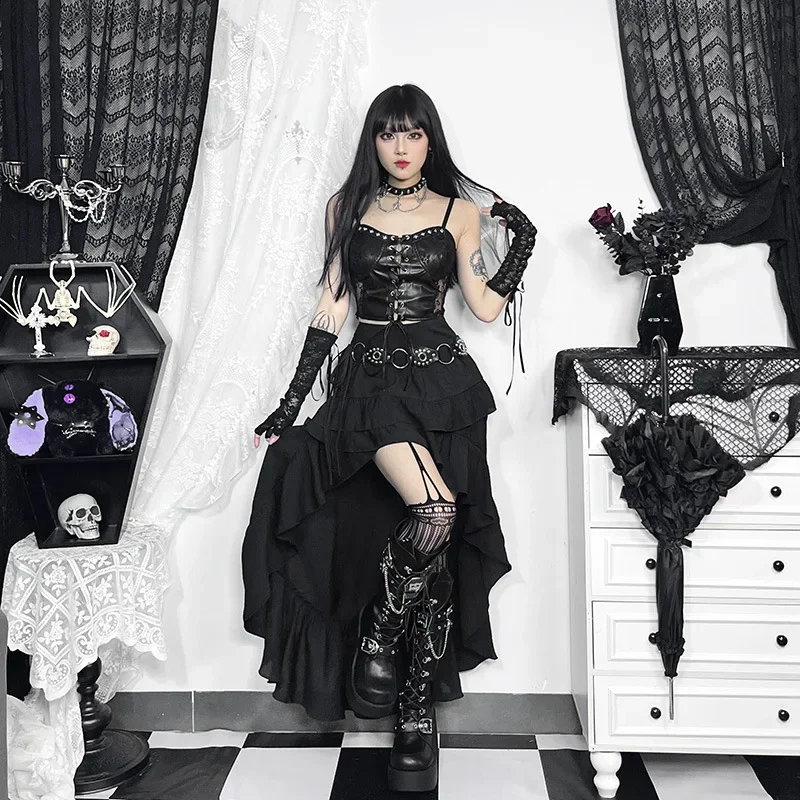 Schwarze Stufenröcke Goth Dark Kawaii 90er Jahre Retro Unregelmäßiger Saum Party Bottoms Mall Gothic Damenmode Ziehen Rock Alt Kleidung