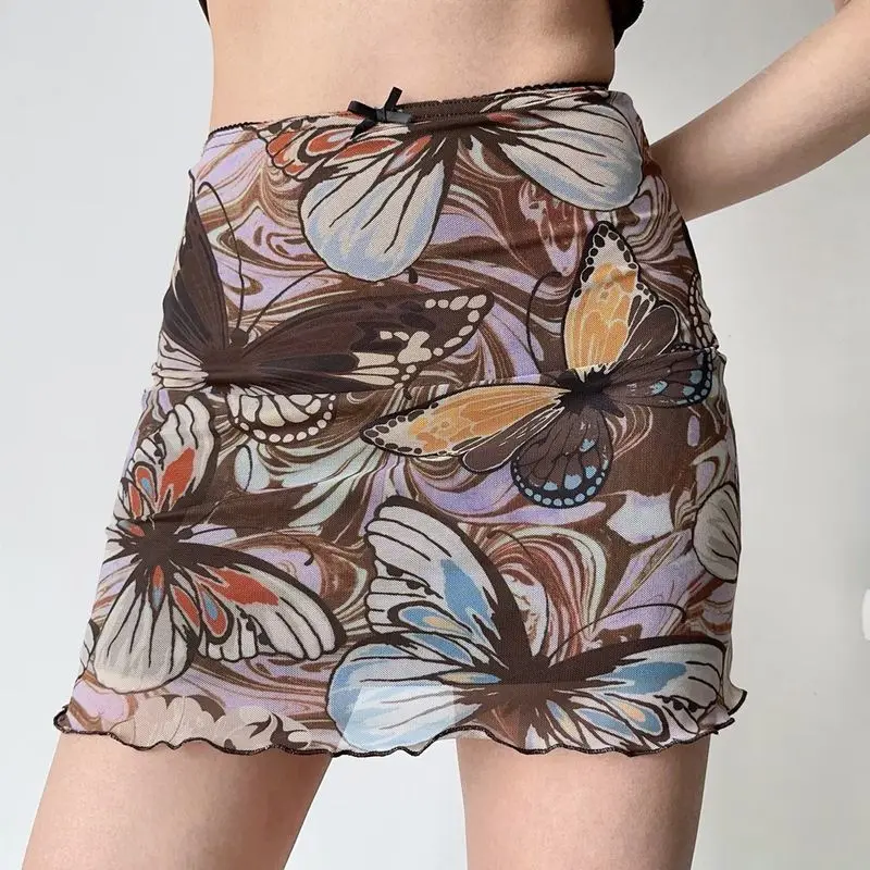 Summer New Sexy Women Gothic Punk Butterfly Pattern Skirts Cute Streetwear Club Fashion High Waist Mini Short Skirts