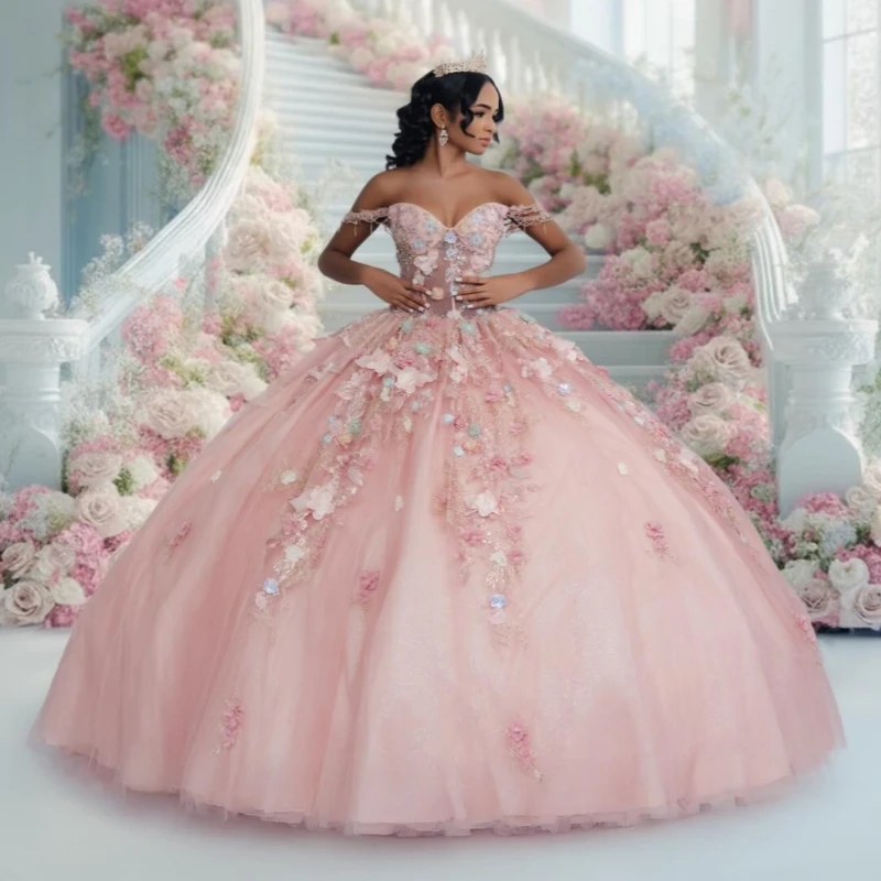 

Pink Shiny Quinceanera Dresses Ball Gown Off Shoulder Applique Flower Beading Crystal Birthday Payty Sweet 16 Dress Vestidos 15
