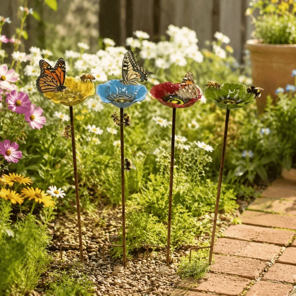 Metal Bird Bath Stand Ground Insert Colorful Garden Insect Birdbath Flower Shaped Iron Art Bird Water Dispenser