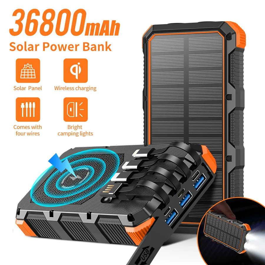 

Solar Power Bank 36800mAh Built in 4 Cable Qi Wireless Charger 3A Fast Charging Powerbank for iPhone 16 Samsung Xiaomi Poverbank