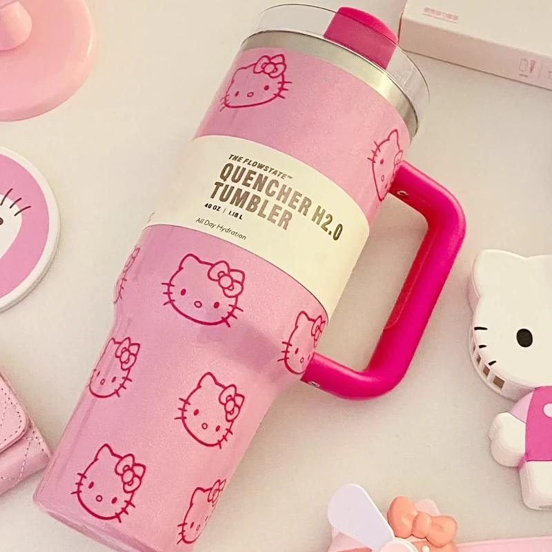 

40Oz Hello Kitty Stainless Steel Insulated Mug Pink with Handle Straw Mugs Large Capacity Thermos Drinks Coke Coffee Mug