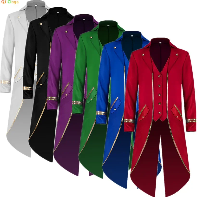 Medieval Style Men Retro Mid-Length Punk Coat with Gold Trim Trench for Halloween Cosplay in Red Green Purple Trench Jacket,2025