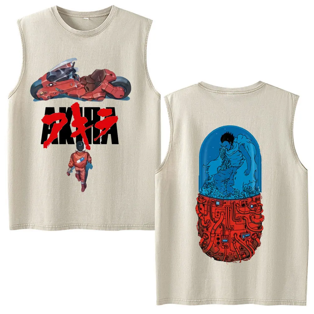 Japanischer Anime Akira Shotaro Kaneda Grafik-Print Gewaschene Tanktops für Männer und Frauen, Baumwoll-Ärmellose Westen-T-Shirts, Streetwear – Detail 3