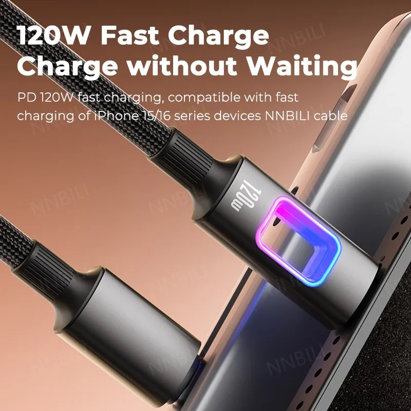 NNBILI Dual Type C PD 120W USB C إلى C سلك بيانات شحن سريع من النوع C شحن سريع لجهاز MacBook iPad iPhone 17 16 Samsung Xiaomi
