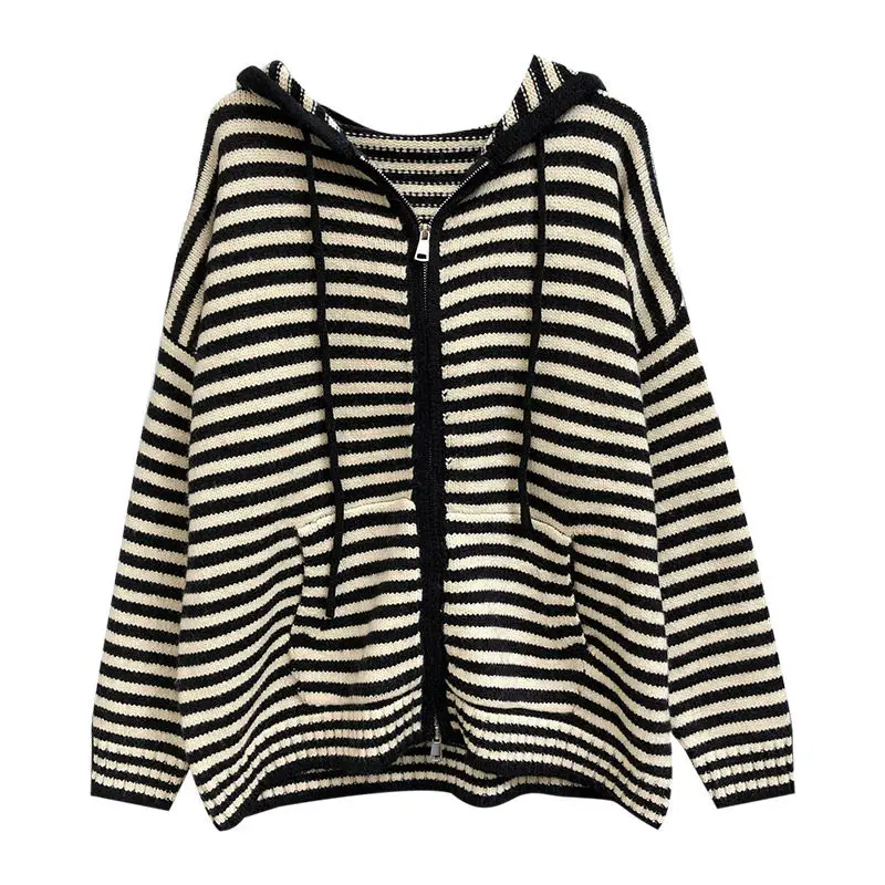 Zipper Stripe Hooded Sweater Cardigan Loose Women\'s 2022 Spring New Korean Fashion Knitted Top Pd