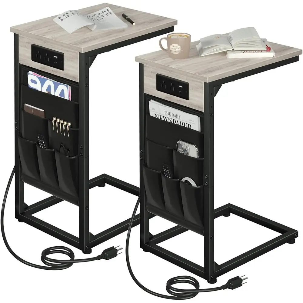 

Приставной столик C-образной формы с зарядной станцией, набор из 2 подносов для ТВ, придиванные столики с сумкой для хранения, выдвижной приставной столик под диван с USB-портом