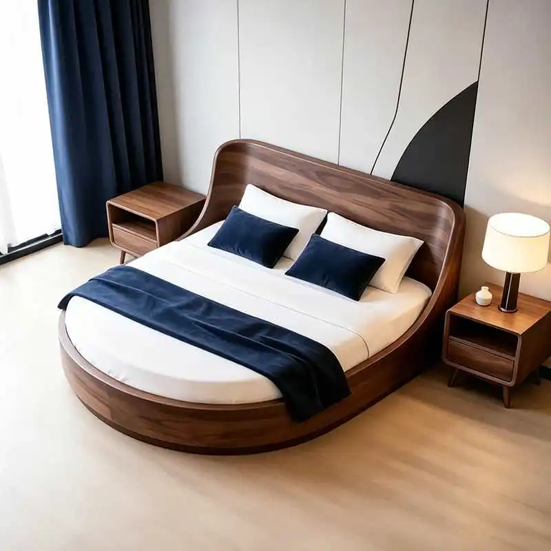 Italian minimalist, black walnut round bed, modern light luxury, solid wood double bed