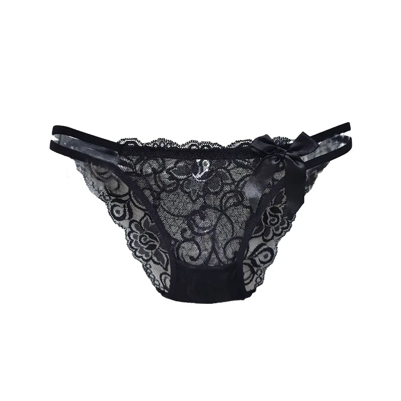 Sexy Embroidered Lace Thong with Hollow out Waistband Cute Bow Detail Transparent Mesh Girls Briefs Women\'s Underpants