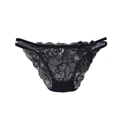 Sexy Embroidered Lace Thong with Hollow out Waistband Cute Bow Detail Transparent Mesh Girls Briefs Women's Underpants