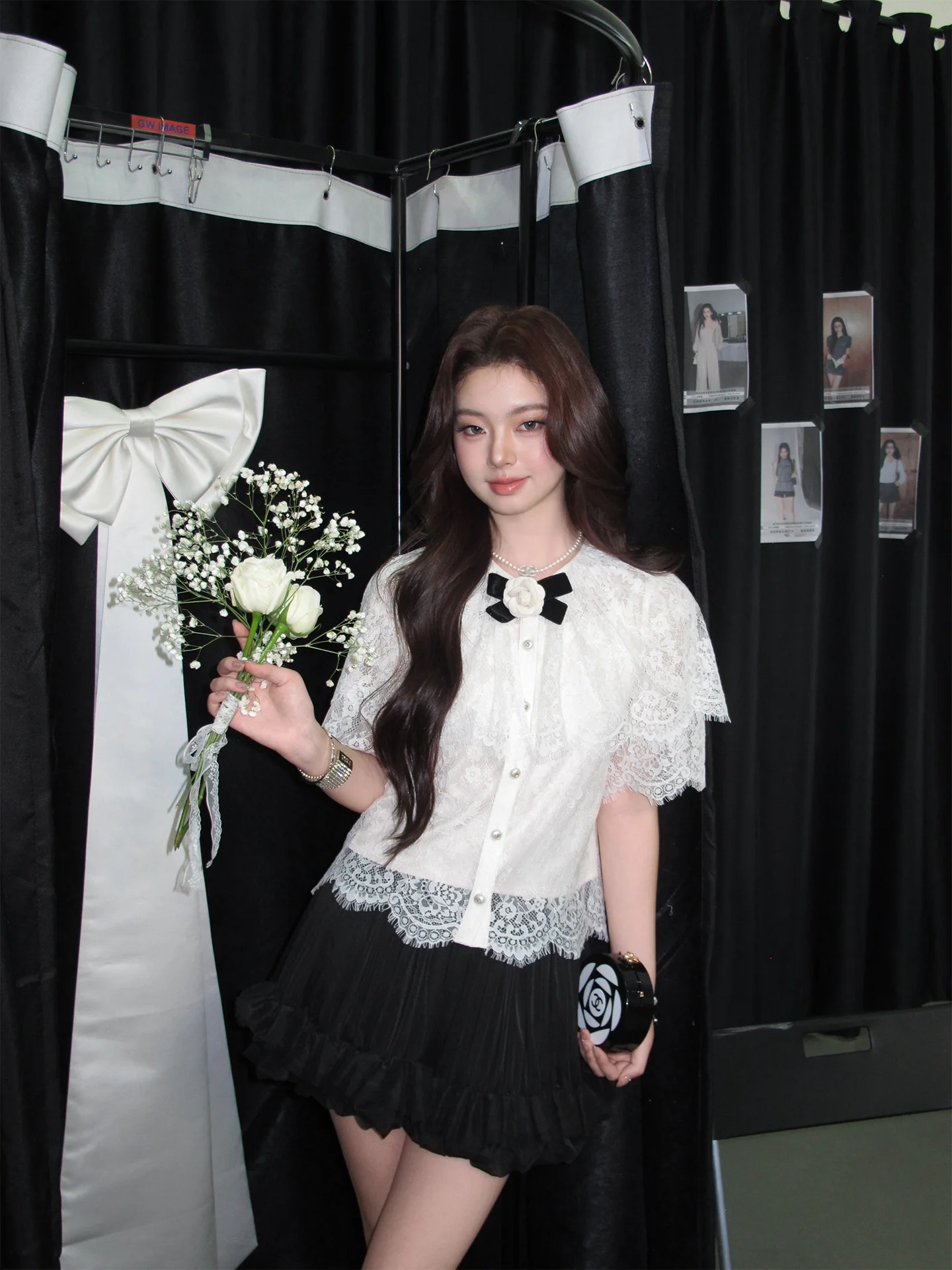 

Комплект из двух предметов Olivia Duo: кружевная блузка и юбка, весна-лето, новый, элегантный, с воротником-хомутом и узлом, повседневная одежда с коротким рукавом