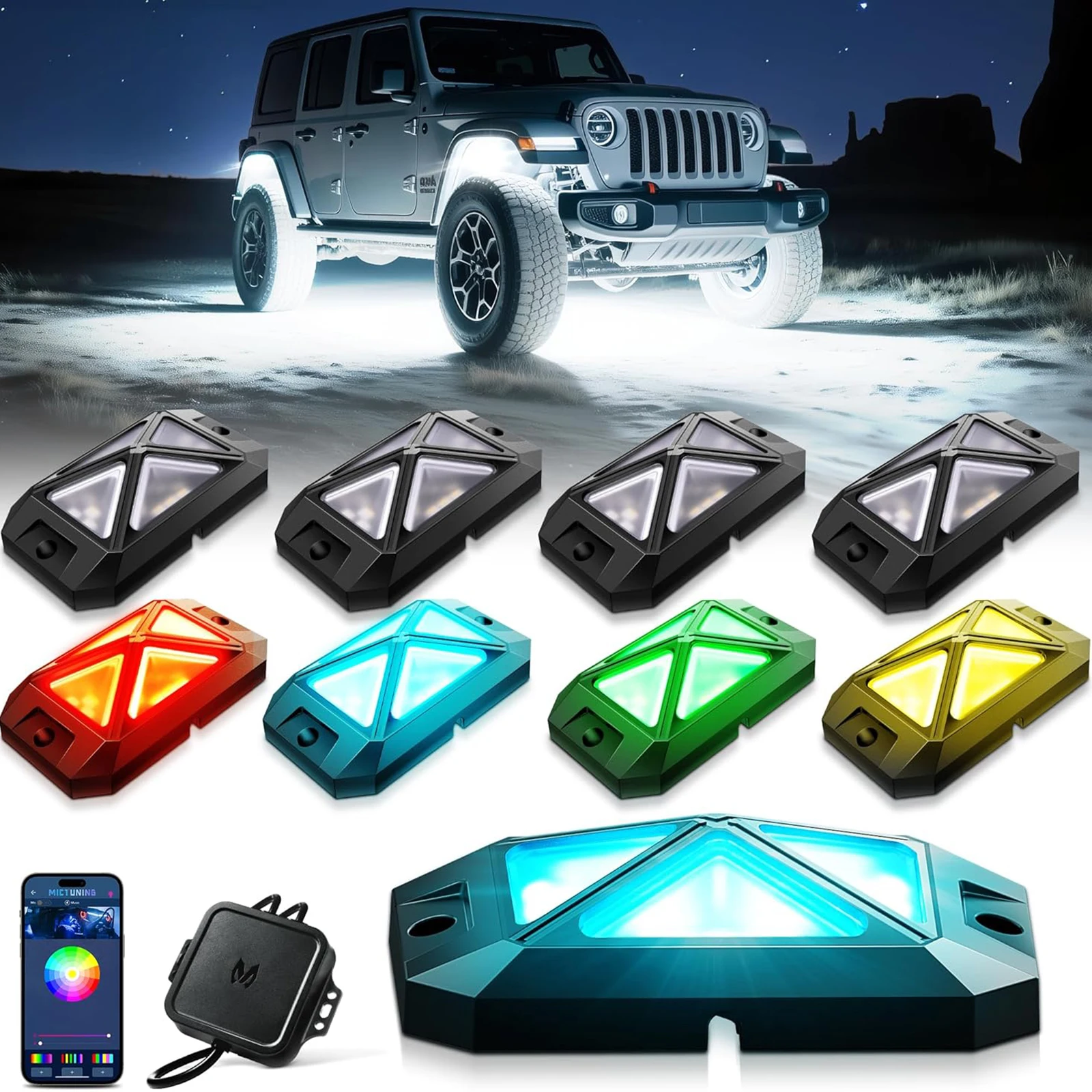 

MICTUNING C4 RGBW LED Rock Lights, 8 Pods 360° Ultra-Bright 4-Sided Wide Beam Angle Underglow Neon Accent Lighting Kit