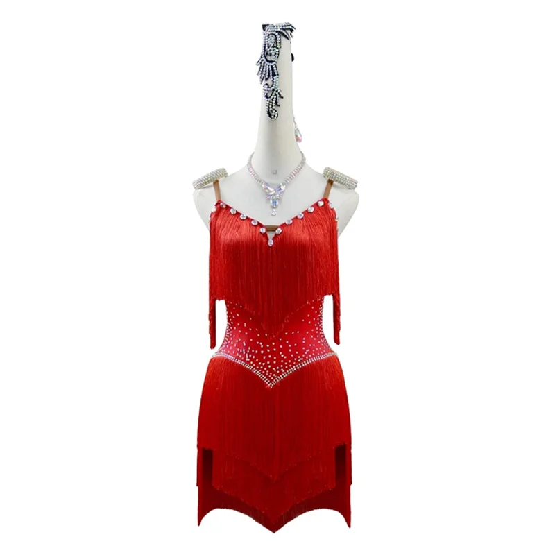 Red Latin Dance Dress Girls Line Skirt Female Dancewear Ball Women Competition Costume Stage Outfit Practice Clothing Samba Suit