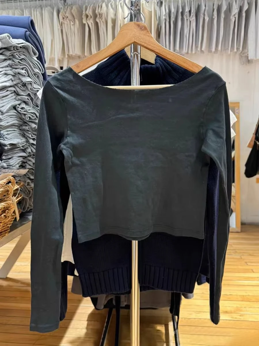 T-shirt a maniche lunghe slim con stampa di lettere Harajuku T-shirt da donna sexy con scollo a barchetta in cotone T-shirt corta vintage americana streetwear