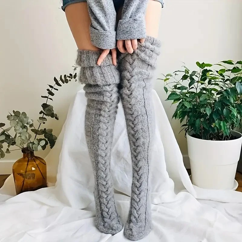 Women Solid Color Long Tube Wool Warm Insoles, Thick Over-the-knee Foot Warmer Inserts for Autumn Winter Shoes