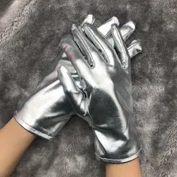 Gold Silver Fake Leather Metallic Gloves Sexy Etiquette Short Gloves Wet Look Evening Party Performance Mittens Hand Wear