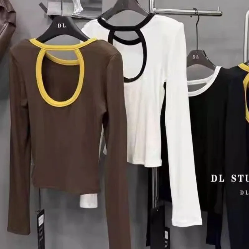 

Autumn New Fashion Versatile Slim Round Neck Color Backless Long-sleeved T-shirt Top