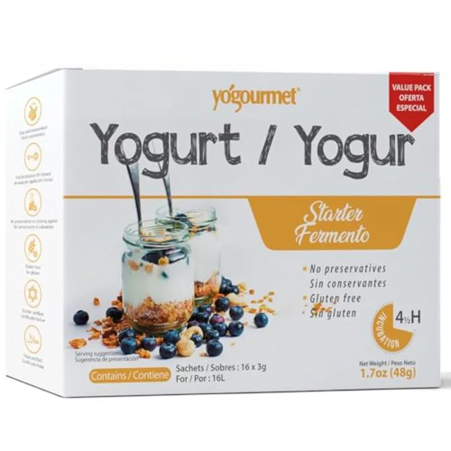 

Набор для приготовления йогурта Yogourmet, 16 штук - Приготовьте йогурт дома - Закваска для йогурта - Полностью натуральный, без глютена, кошерный, халяльный - 3 г в пакетиках