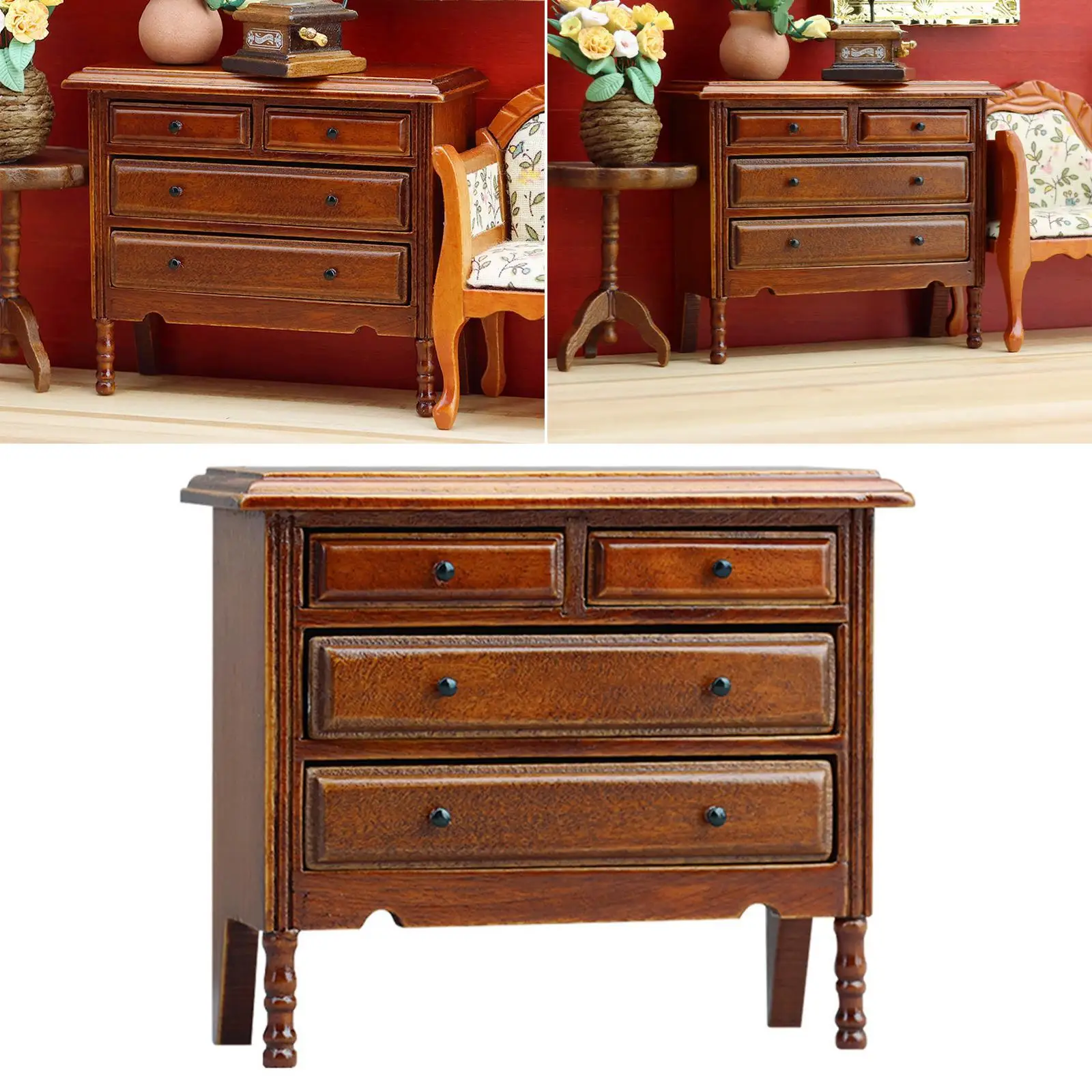1/12スケールミニドールハウス家具ミニチュア誕生日プレゼント写真撮影用小道具木製寝室装飾4段引き出し付きドレッサー家具モデル