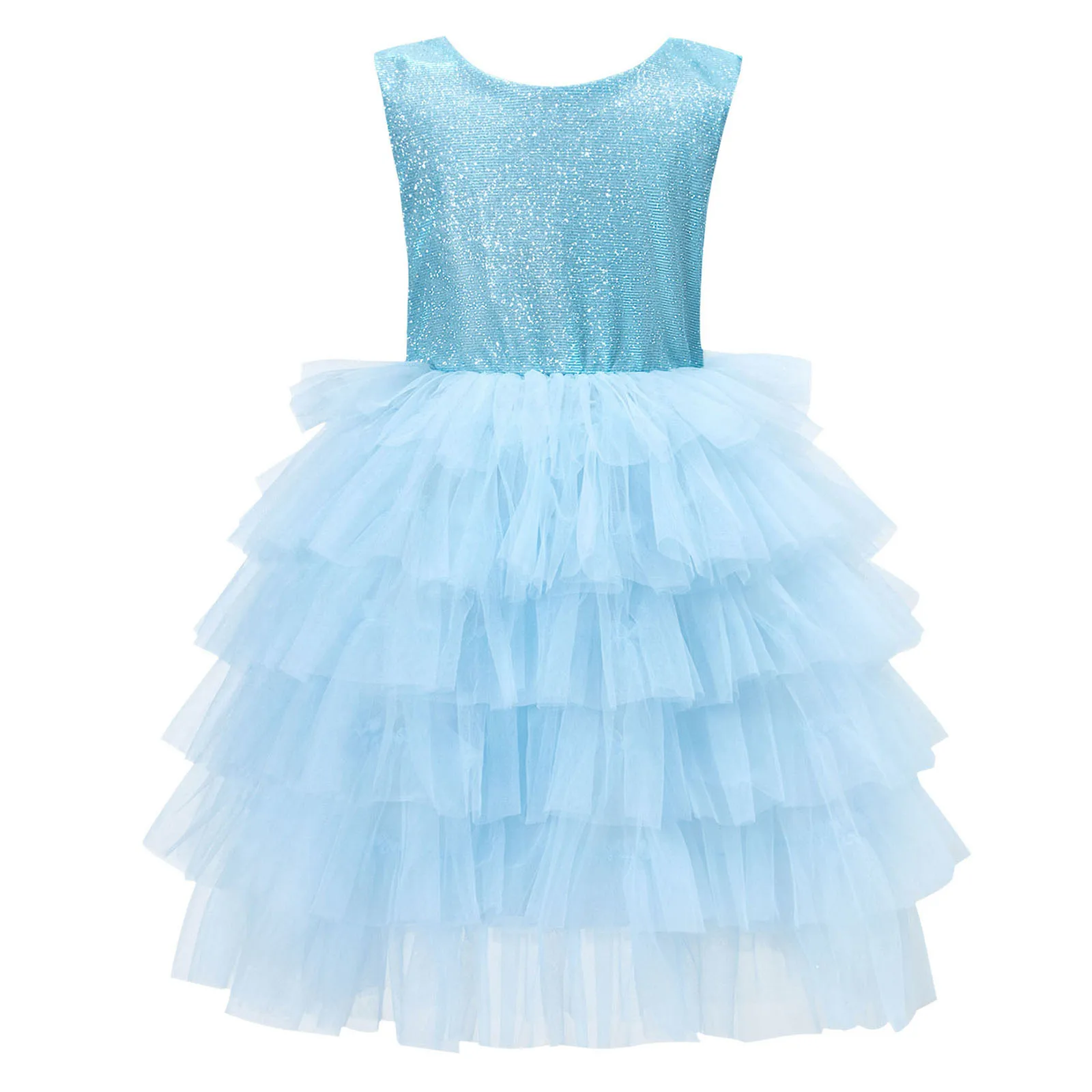 Girls Shimmery Birthday Party Dress Kids Sleeveless Big Bow V-back Tiered Ruffle Tulle Prom Dress Wedding Flower Girl Dresses - view 5