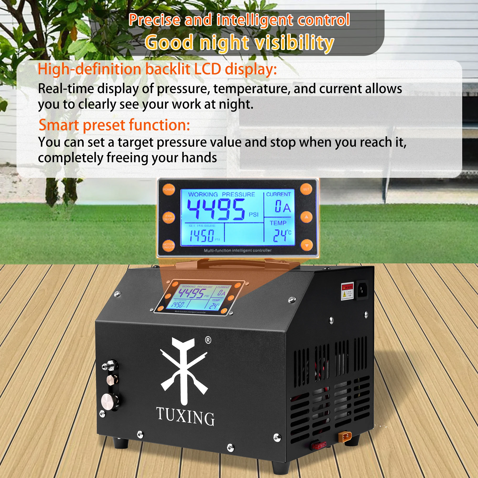 TUXING TXET063 4500Psi 300Bar 12V PCP compresseur d'air affichage LCD arrêt automatique numérique avec 12V puissance PCP réservoir de plongée fusil pistolet à air