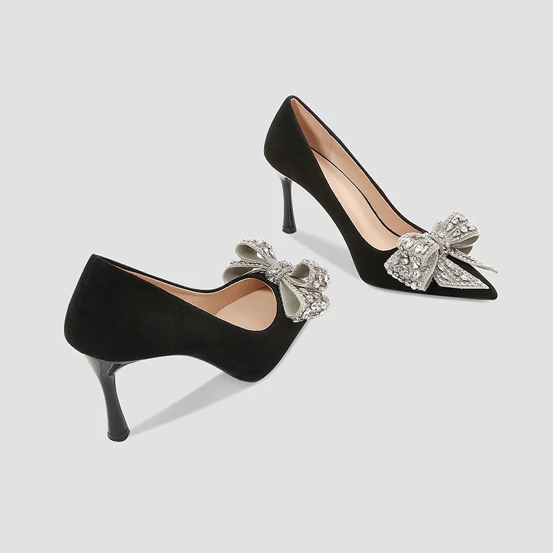 Spring Elegant Women Pumps 2023 Rhinestone Butterfly Knot Stiletto Shoes Female Pointed Toe Suede Wine Glass Heel Pumps Woman