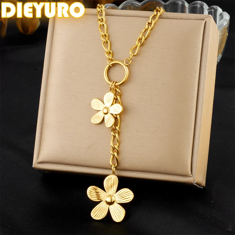 DIEYURO 316L Edelstahl Wunderschöne Fünf Blatt Blume Quasten Anhänger Halskette Frauen Trend Mode Hals Schmuck Urlaub Geschenk