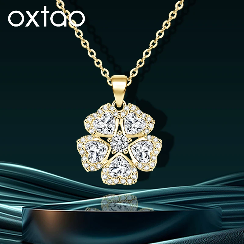 

OXTAO Romantic Moissanite Clover Pendant Necklace Female Luxury Jewelry 4x4mm Heart-Shaped Charm Necklace 14K Gold Filled D VVS1