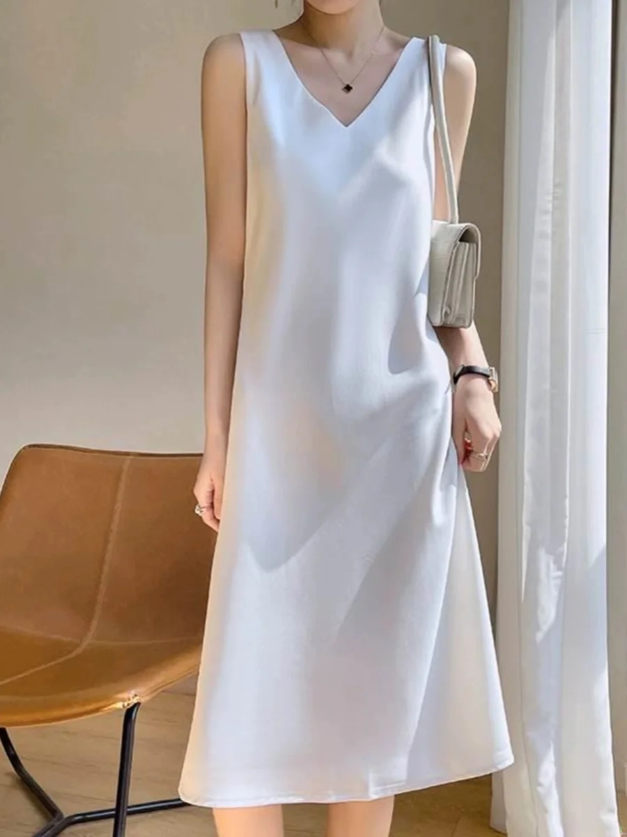 Sukienka midi z satyny Ele Satin, damska, elegancka, z dekoltem w serek, spódnica w kształcie litery A, jednoczęściowa, letnia, modna, do pracy, prosta, długa.