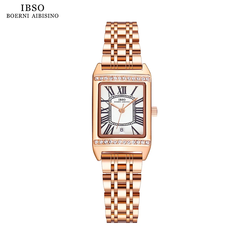 IBSO Women Rectangle Quartz Watches Luxury Stainless Steel Strap Zircon Attached 3ATM Waterproof Japanese Quartz Movement #9638