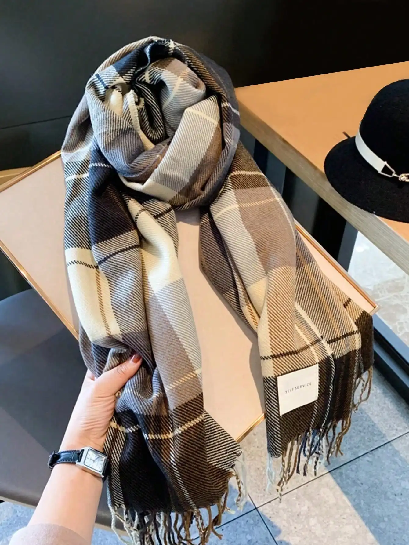 

1pc Women's Plaid Fringed Scarf, Faux Cashmere, Warm, Suitable For Daily Use In Autumn And Winter Accessories Women