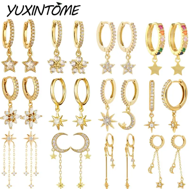 

925 Sterling Silver Needle Moon/star Pendant Gold Earrings Trend Small Hoop Earrings for Women Wedding Premium Luxury Jewelry